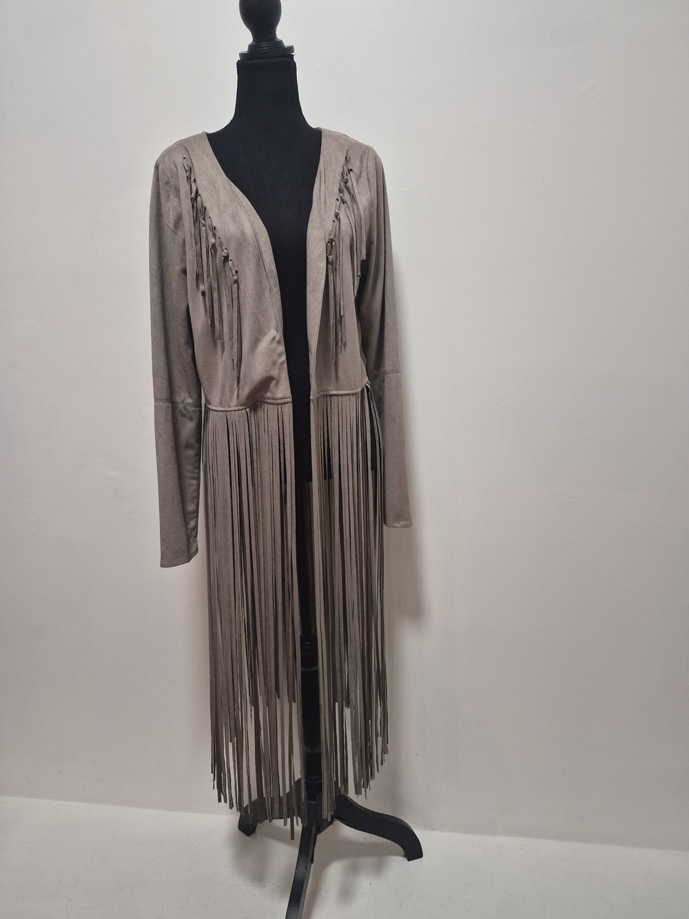 Loveriche Fringed Longline Open Front Jacket - Taupe